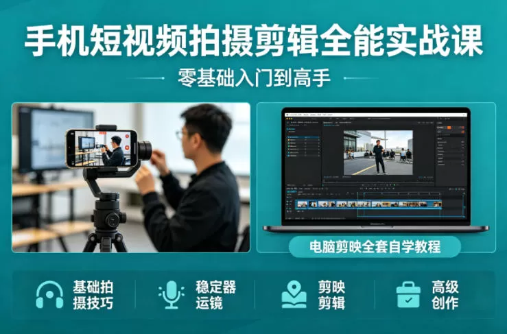 手机短视频拍摄剪辑全能实战课:零基础入门到高手,稳定器运镜+电脑剪映全套自学教程-小栈博客