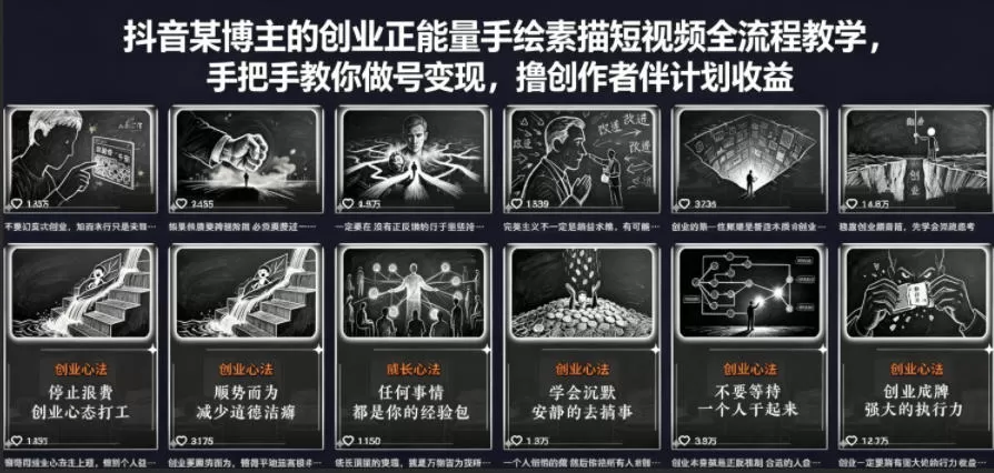 抖音某博主的创业正能量手绘素描短视频全流程教学，手把手教你做号变现，撸创作者伙伴计划收益-小栈博客