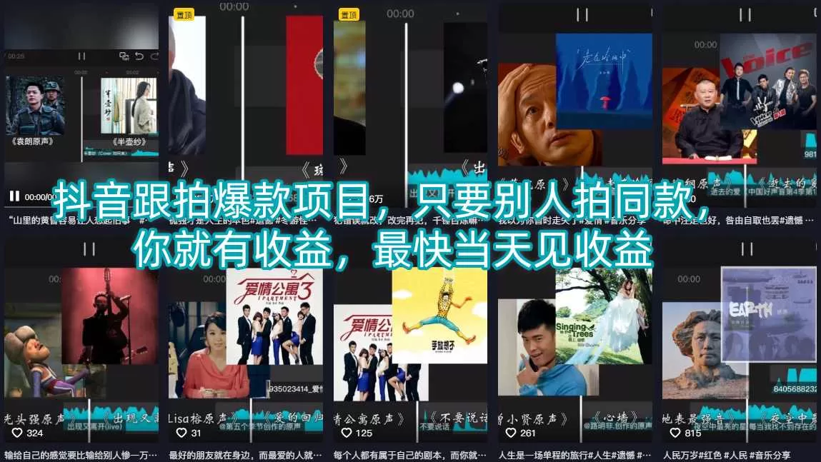 抖音跟拍爆款项目，只要别人拍同款，你就有收益，最快当天见收益-小栈博客