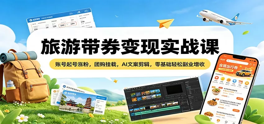 旅游带券变现实战课：账号起号涨粉，团购挂载，AI文案剪辑，零基础轻松副业增收-小栈博客