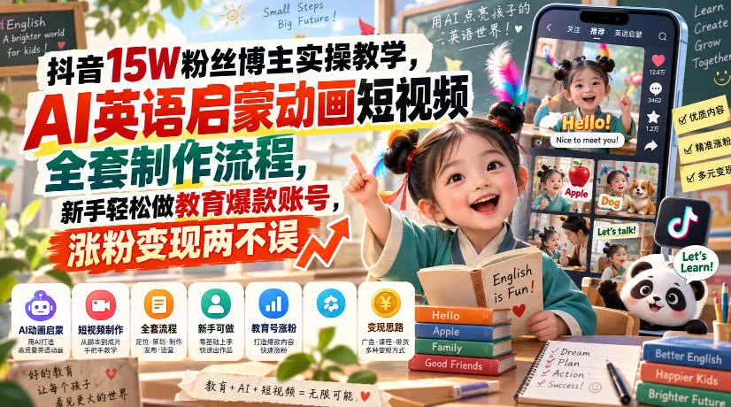 抖音15W粉丝博主实操教学，AI英语启蒙动画短视频全套制作流程，新手轻松做教育爆款账号，涨粉变现两不误-小栈博客