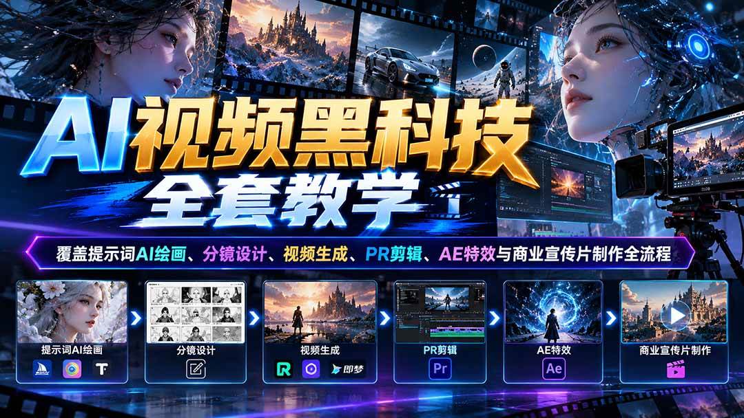 (21095期)AI视频黑科技全套教学:覆盖提示词AI绘画、分镜设计、视频生成、PR剪辑、AE特效与商业宣传片制作全流程-小栈博客