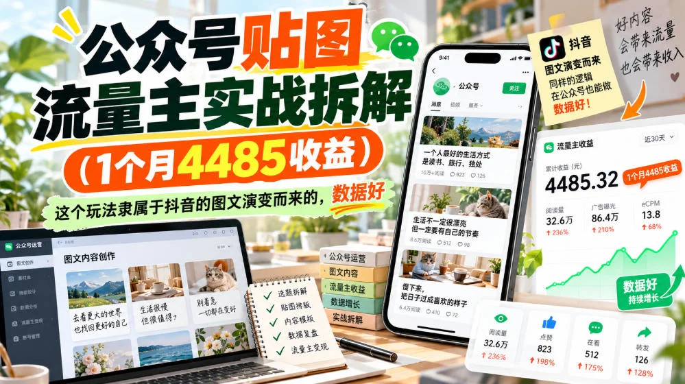 公众号贴图流量主实战拆解(1个月4485收益),这个玩法隶属于抖音的图文演变而来的,数据好-小栈博客