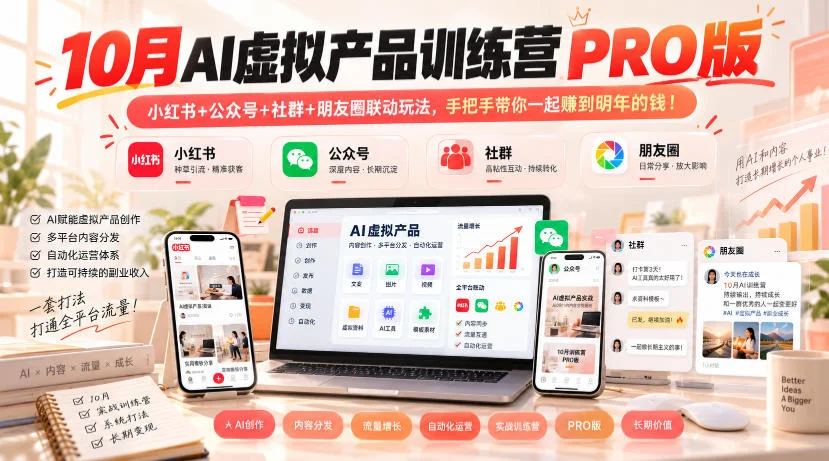 10月AI虚拟产品训练营PRO版,小红书+公众号+社群+朋友圈联动玩法,手把手带你一起赚到明年的钱!-小栈博客