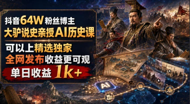 抖音64W粉丝博主大驴说史亲授AI历史课,可以上精选独家,全网发布收益更可观,单日收益1k+(更新) 抖音64W粉丝博主大驴说史亲授AI历史课,可以上精选独家,全网发布收益更可观,单日收益1k+(更新)