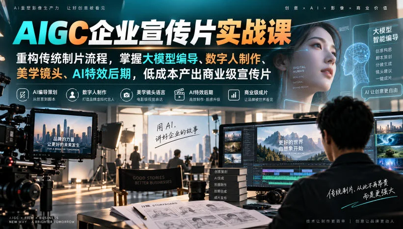 AIGC企业宣传片实战课，重构传统制片流程，掌握大模型编导、数字人制作、美学镜头、AI特效后期，低成本产出商业级宣传片-小栈博客