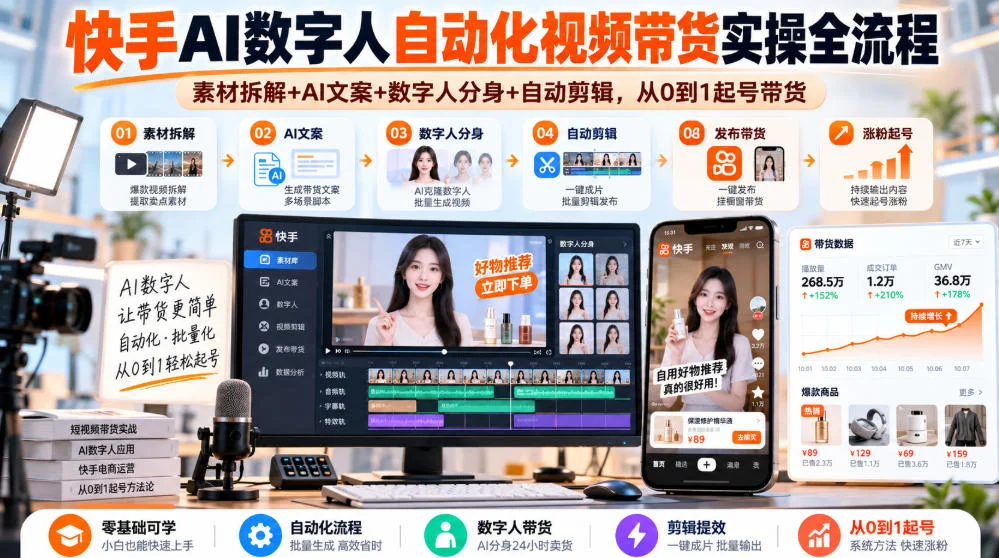 快手AI数字人自动化视频带货实操全流程｜素材拆解+AI文案+数字人分身+自动剪辑，从0到1起号带货（更新26年）-小栈博客