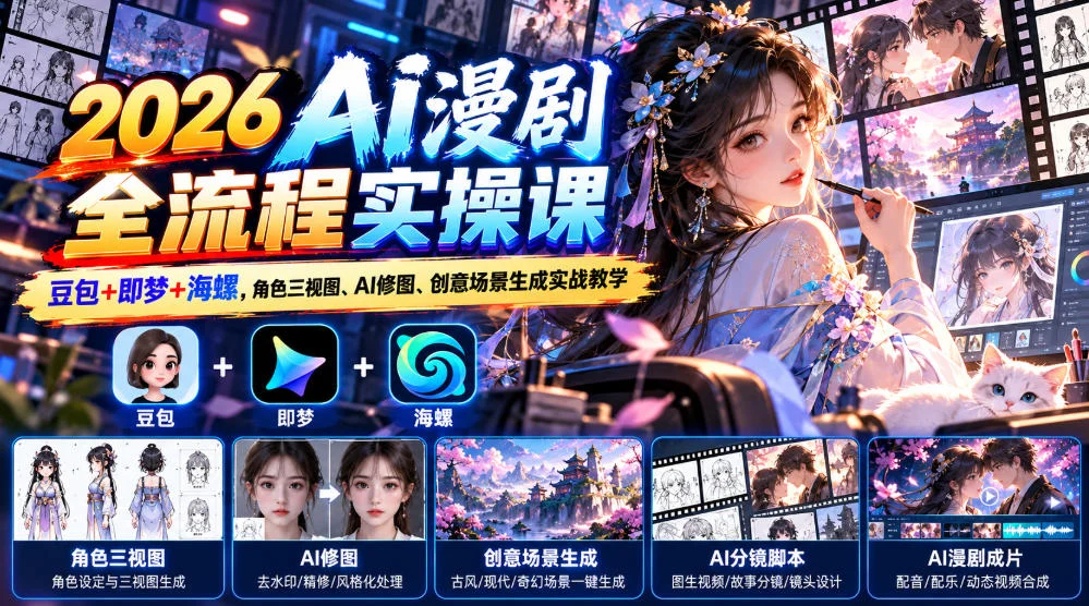 【无水印】2026 AI漫剧全流程实操课|豆包+即梦+海螺,角色三视图、AI修图、创意场景生成实战教学 【无水印】2026 AI漫剧全流程实操课|豆包+即梦+海螺,角色三视图、AI修图、创意场景生成实战教学