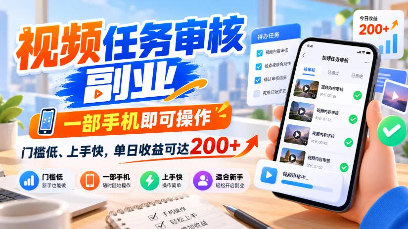 视频任务审核副业,一部手机即可操作,门槛低、上手快,单日收益可达200+【揭秘】 视频任务审核副业,一部手机即可操作,门槛低、上手快,单日收益可达200+【揭秘】