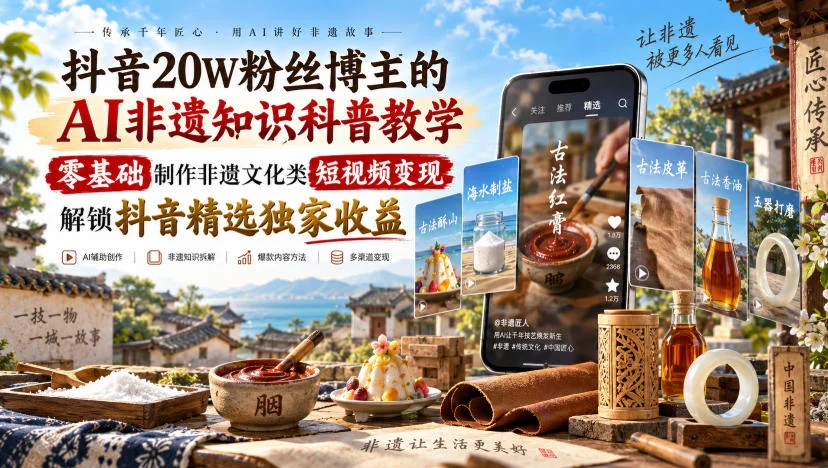 抖音20W粉丝博主的AI非遗知识科普教学,零基础制作非遗文化类短视频变现,解锁抖音精选独家收益 抖音20W粉丝博主的AI非遗知识科普教学,零基础制作非遗文化类短视频变现,解锁抖音精选独家收益
