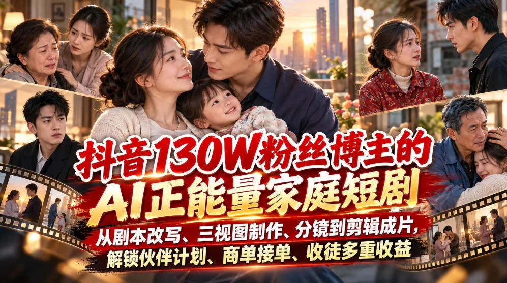 抖音130W粉丝博主的AI正能量家庭短剧，从剧本改写、三视图制作、分镜到剪辑成片，解锁伙伴计划、商单接单、收徒多重收益-小栈博客