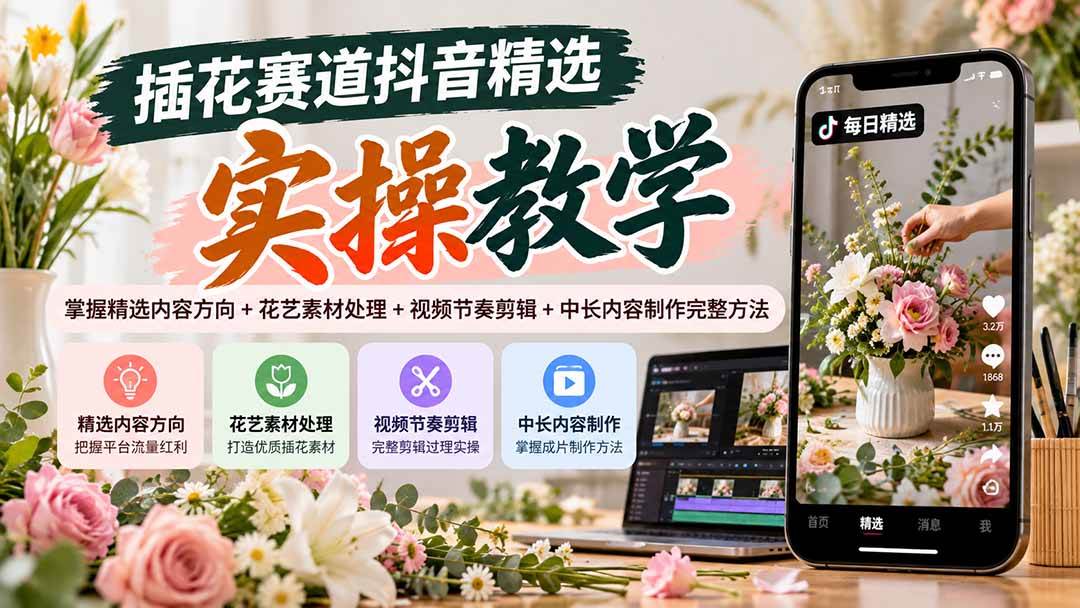 抖音插花精选赛道实操教学：内容方向+素材处理+中长视频剪辑完整方法