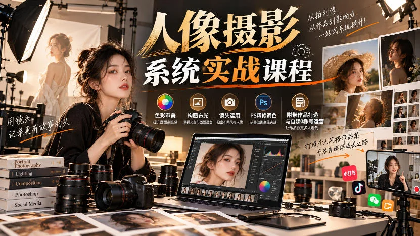 【无水印】人像摄影系统实战课程,色彩审美、构图布光、镜头运用、PS精修调色,附带作品打造与自媒体账号运营 【无水印】人像摄影系统实战课程,色彩审美、构图布光、镜头运用、PS精修调色,附带作品打造与自媒体账号运营