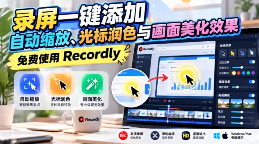录屏一键添加自动缩放、光标润色与画面美化效果，免费使用Recordly-小栈博客