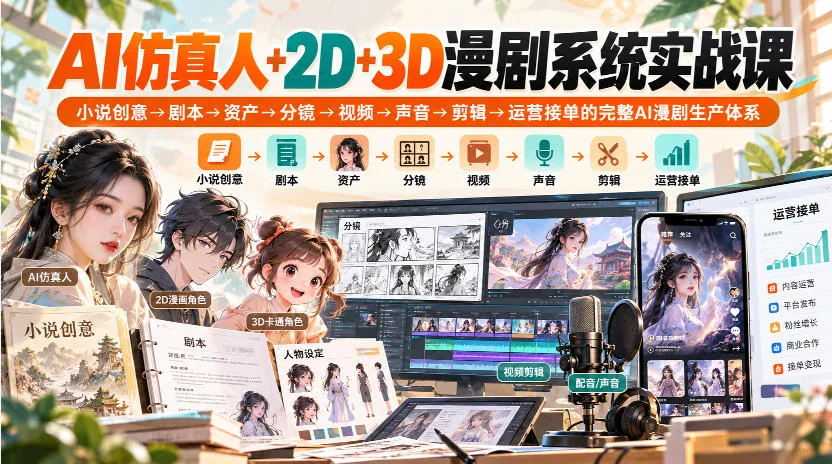AI漫剧实战课：仿真人+2D+3D全流程生产体系