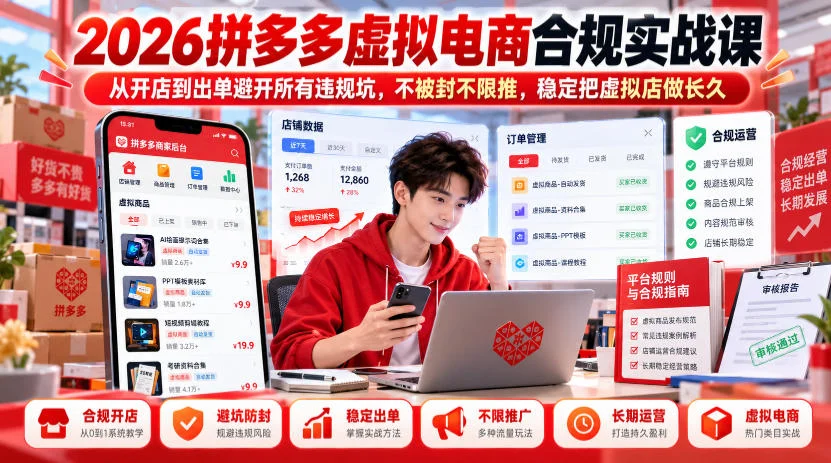 2026拼多多虚拟电商合规实战课，从开店到出单避开所有违规坑，不被封不限推，稳定把虚拟店做长久-小栈博客