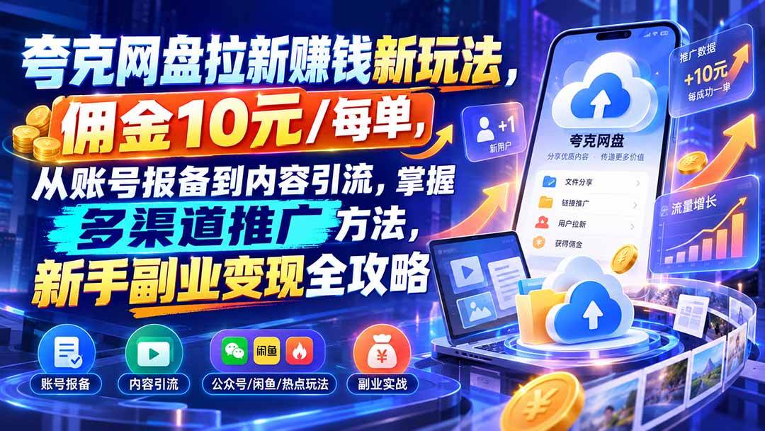 （21108期）夸克网盘拉新赚钱新玩法，佣金10元/每单，从账号报备到内容引流，掌握多渠道推广方法，新手副业变现全攻略-小栈博客