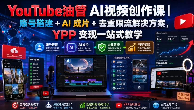 YouTube油管AI视频创作课|账号搭建+AI成片+去重限流解决方案,YPP变现一站式教学(更新0925) YouTube油管AI视频创作课|账号搭建+AI成片+去重限流解决方案,YPP变现一站式教学(更新0925)