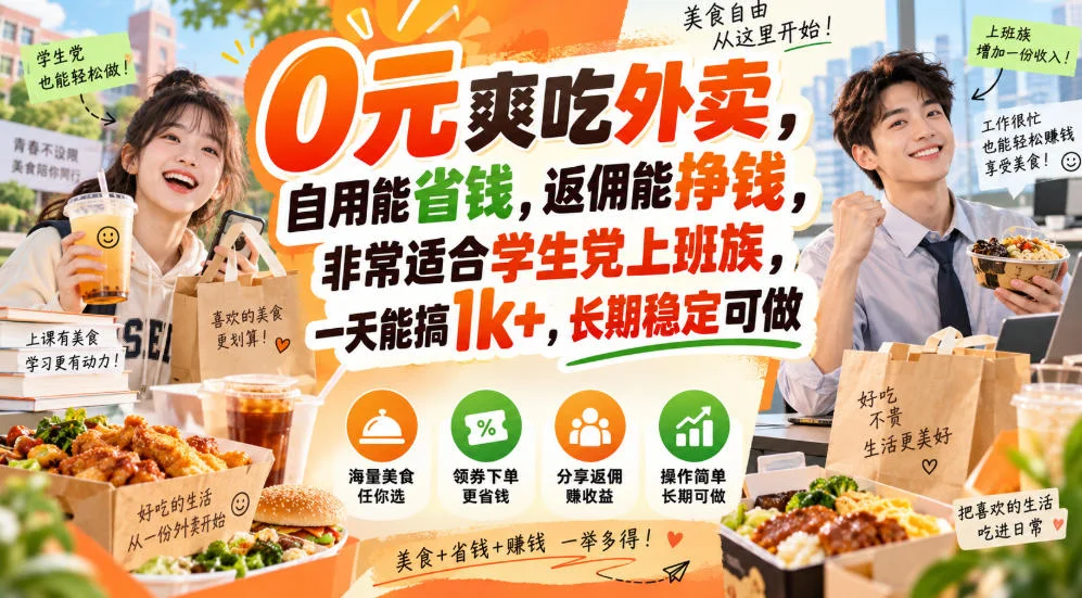 0元爽吃外卖，自用能省钱，返佣能挣钱，非常适合学生党上班族，一天能搞1k+，长期稳定可做-小栈博客
