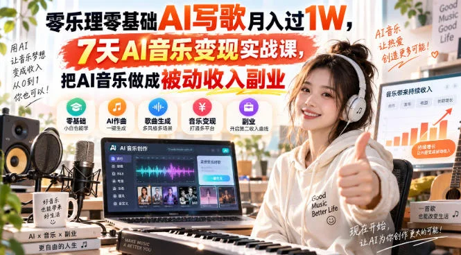 零乐理零基础AI写歌月入过1W，7天AI音乐变现实战课，把AI音乐做成被动收入副业-小栈博客