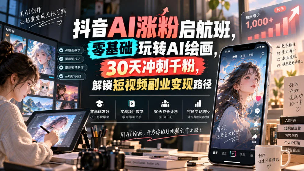 抖音AI涨粉启航班,零基础玩转AI绘画,30天冲刺千粉,解锁短视频副业变现路径 抖音AI涨粉启航班,零基础玩转AI绘画,30天冲刺千粉,解锁短视频副业变现路径