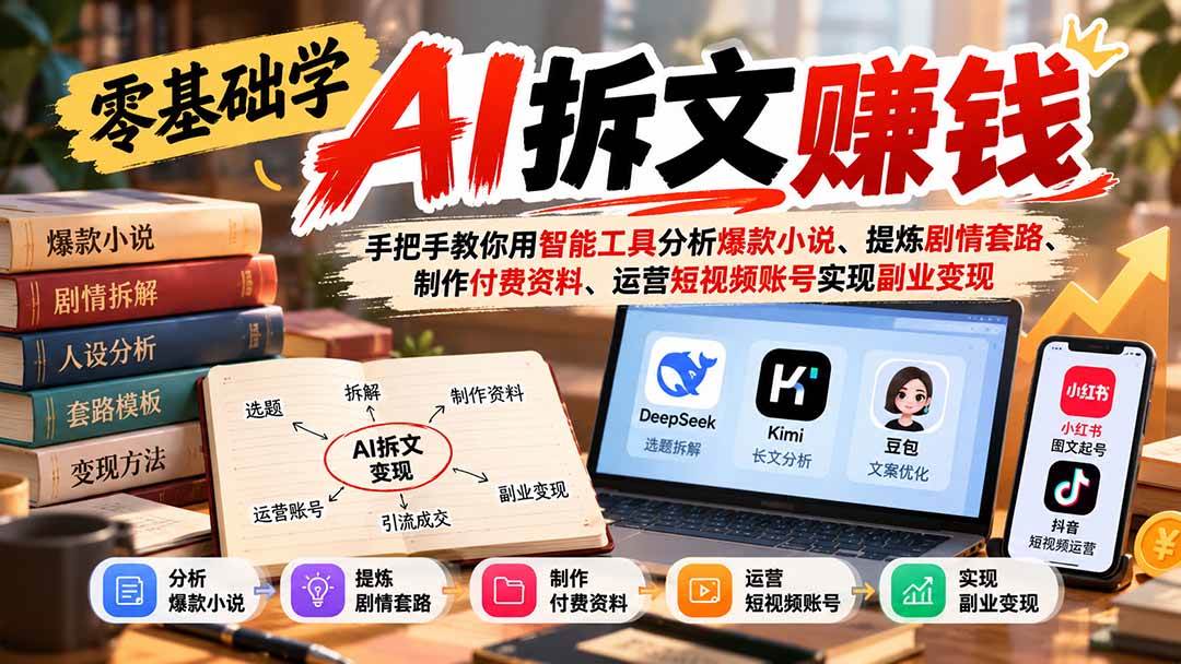 （21030期）零基础学AI拆文赚钱：手把手教你用智能工具分析爆款小说、提炼剧情套路、制作付费资料、运营短视频账号实现副业变现