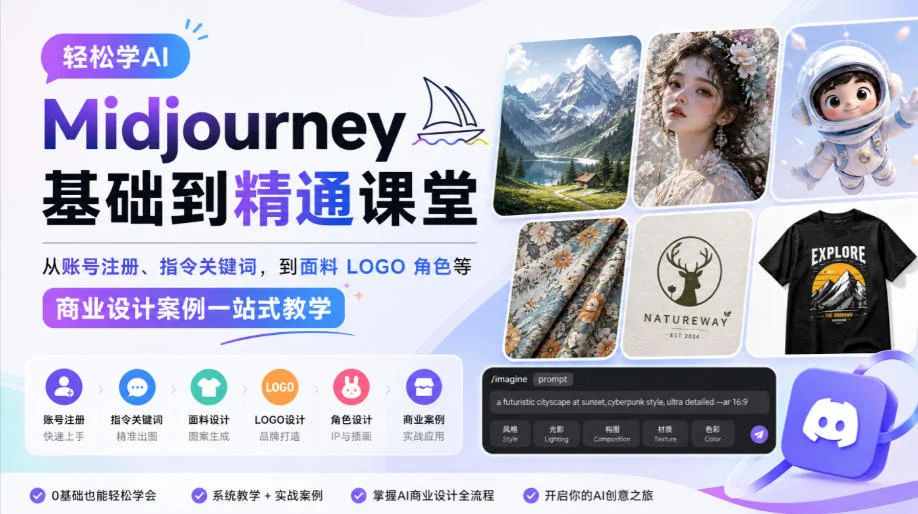 轻松学AI Midjourney基础到精通课堂,从账号注册、指令关键词,到面料LOGO角色等商业设计案例一站式教学 轻松学AI Midjourney基础到精通课堂,从账号注册、指令关键词,到面料LOGO角色等商业设计案例一站式教学