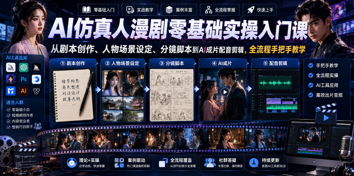 AI仿真人漫剧零基础实操入门课,从剧本创作、人物场景设定、分镜脚本到AI成片配音剪辑,全流程手把手教学-小栈博客