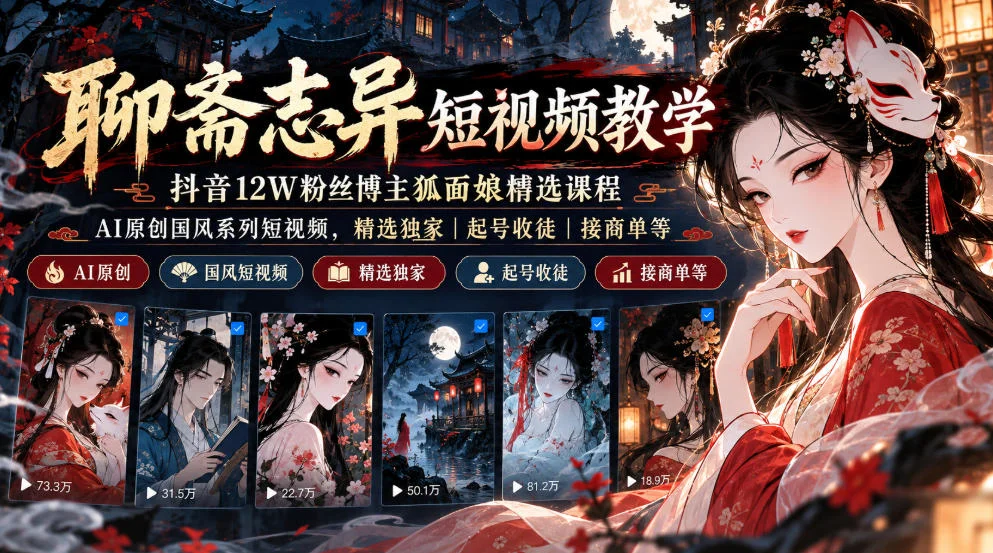 聊斋志异短视频教学,抖音12W粉丝博主狐面娘精选课程,AI原创国风系列短视频,精选独家丨起号收徒丨接商单等 聊斋志异短视频教学,抖音12W粉丝博主狐面娘精选课程,AI原创国风系列短视频,精选独家丨起号收徒丨接商单等