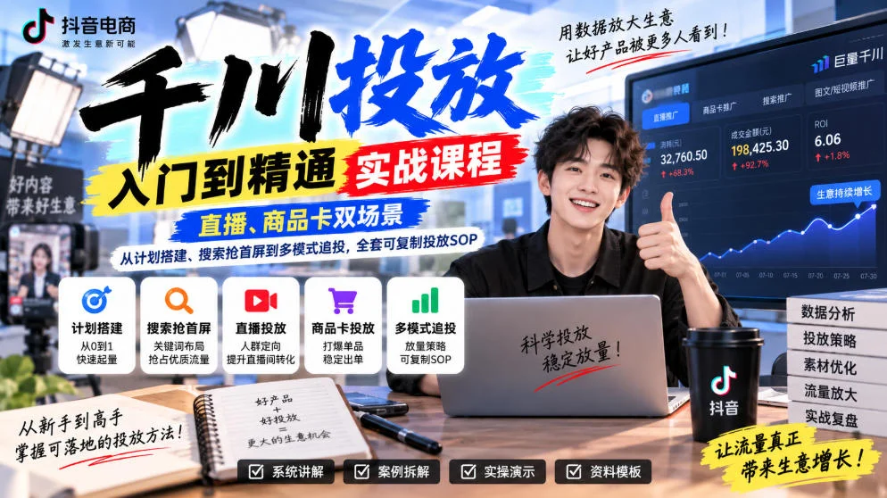 千川投放入门到精通实战课程，直播、商品卡双场景，从计划搭建、搜索抢首屏到多模式追投，全套可复制投放SOP-小栈博客