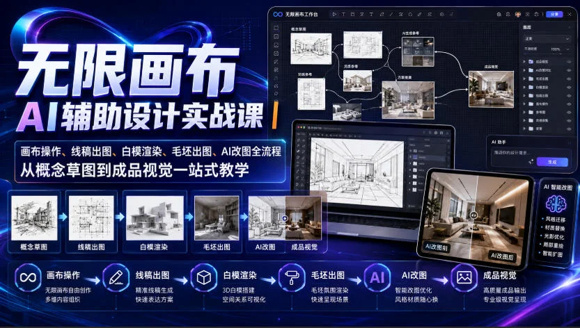 无限画布AI辅助设计实战课｜画布操作、线稿出图、白模渲染、毛坯出图、AI改图全流程，从概念草图到成品视觉一站式教学（更新0923）-小栈博客
