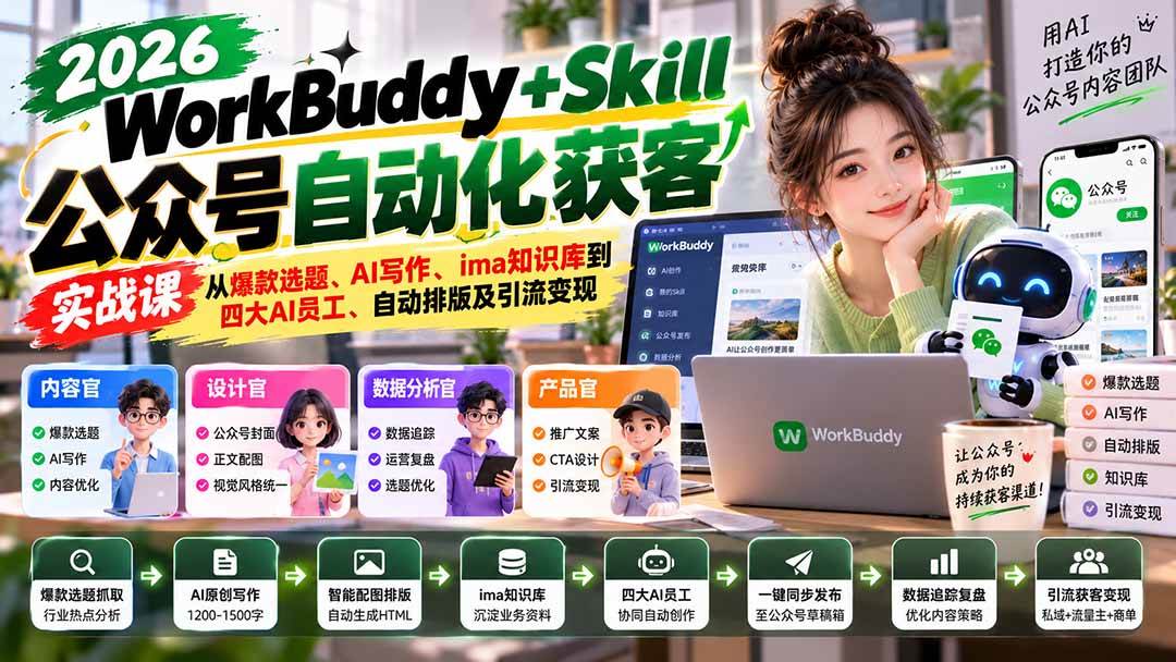 (21023期)WorkBuddy + Skill公众号自动化获客实战课:从爆款选题、AI写作、ima知识库到四大AI员工、自动排版及引流变现-小栈博客