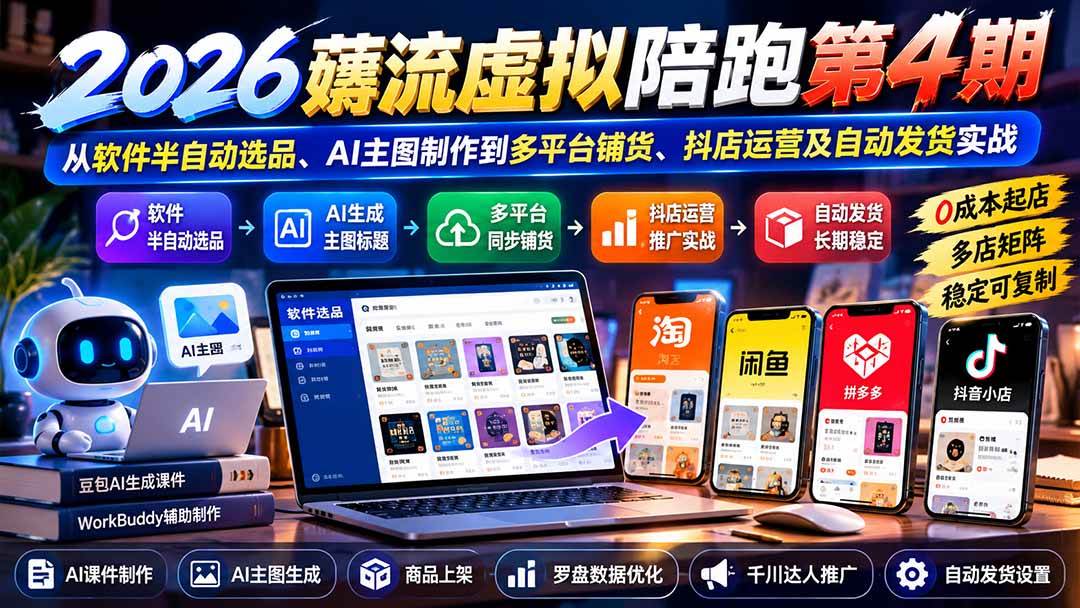 （20986期）2026薅流虚拟陪跑第4期：从软件半自动选品、AI主图制作到多平台铺货、抖店运营及自动发货实战-小栈博客