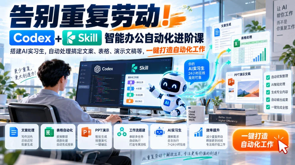 告别重复劳动！Codex+Skill智能办公自动化进阶课｜搭建AI实习生，自动处理搞定文案、表格、演示文稿等，一键打造自动化工作-小栈博客