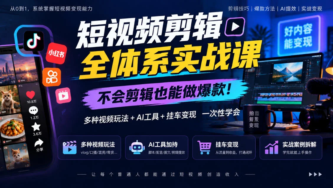 短视频剪辑全体系实战课，不会剪辑也能做爆款，多种视频玩法+AI工具+挂车变现一次性学-小栈博客