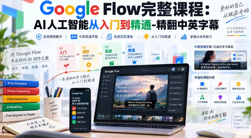 【无水印】Google Flow完整课程:AI人工智能从入门到精通-精翻中英字幕 【无水印】Google Flow完整课程:AI人工智能从入门到精通-精翻中英字幕