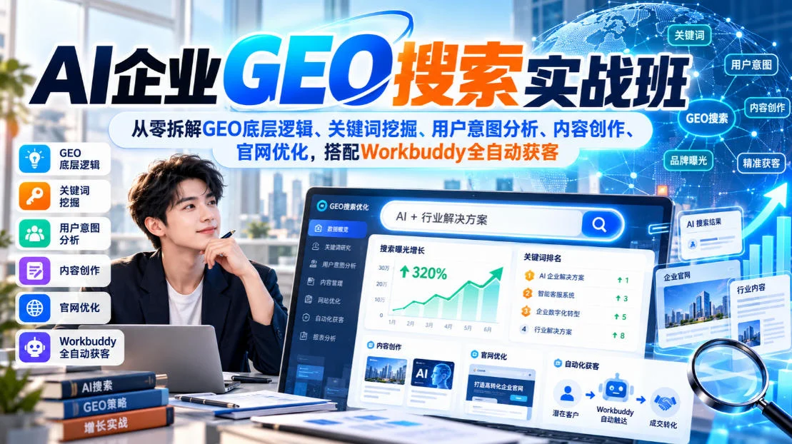 AI企业GEO搜索实战班，从零拆解GEO底层逻辑、关键词挖掘、用户意图分析、内容创作、官网优化，搭配Workbuddy全自动获客-小栈博客