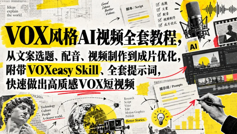 VOX风格AI视频全套教程,从文案选题、配音、视频制作到成片优化,附带VOXeasy Skill、全套提示词,快速做出高质感VOX短视频 VOX风格AI视频全套教程,从文案选题、配音、视频制作到成片优化,附带VOXeasy Skill、全套提示词,快速做出高质感VOX短视频