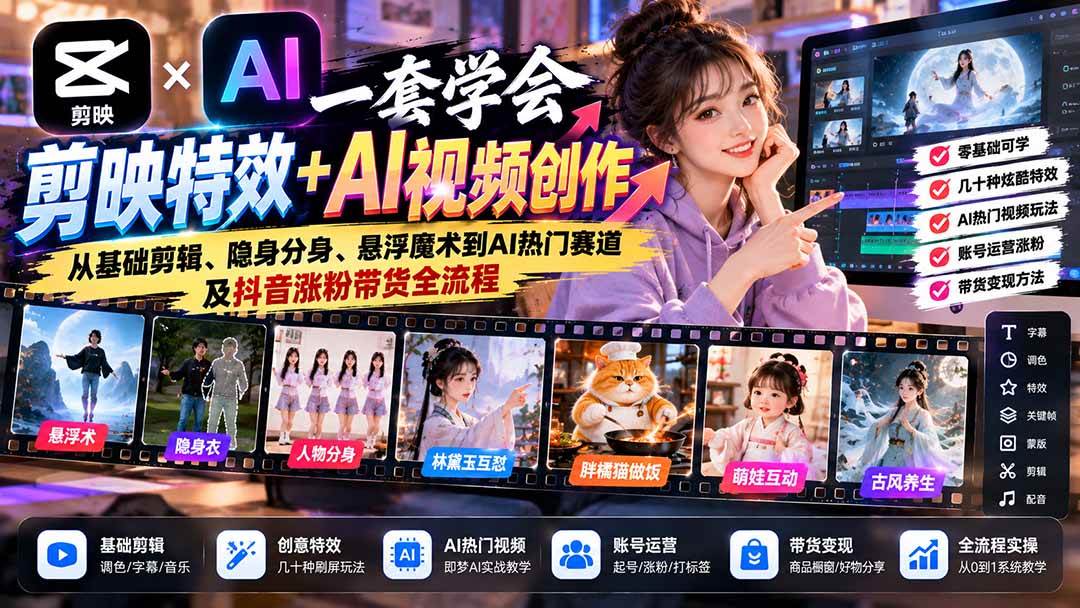 （20999期）一套学会剪映特效+AI视频创作：从基础剪辑、隐身分身、悬浮魔术到AI热门赛道及抖音涨粉带货全流程-小栈博客