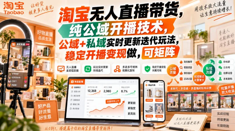 淘宝无人直播带货，纯公域开播技术，公域+私域实时更新迭代玩法，稳定开播变现做，可矩阵【揭秘】-小栈博客