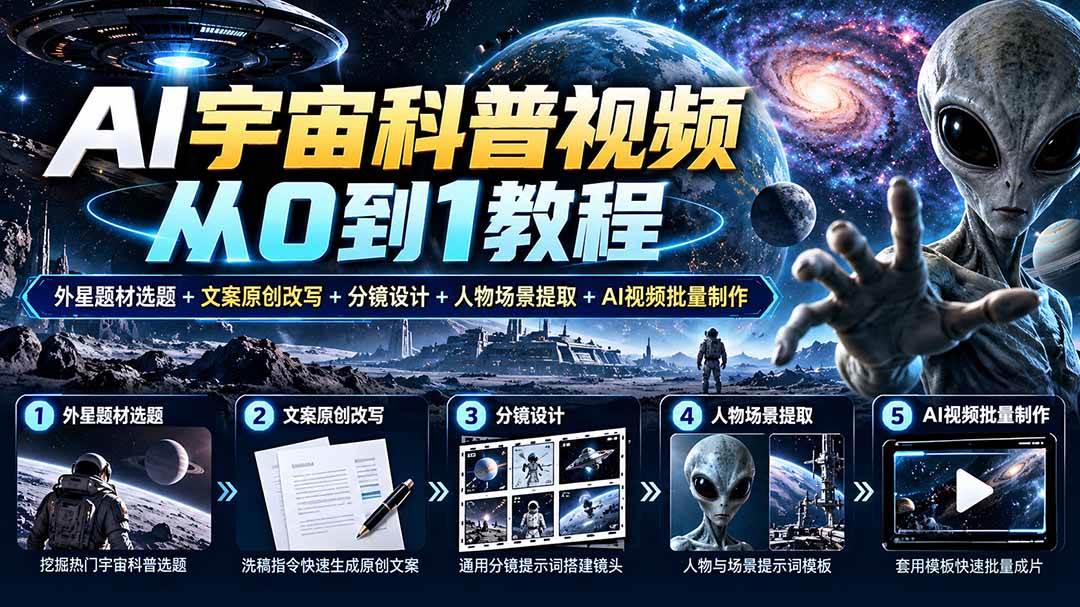 AI宇宙科普视频教程：外星题材选题+分镜设计+批量制作全流程