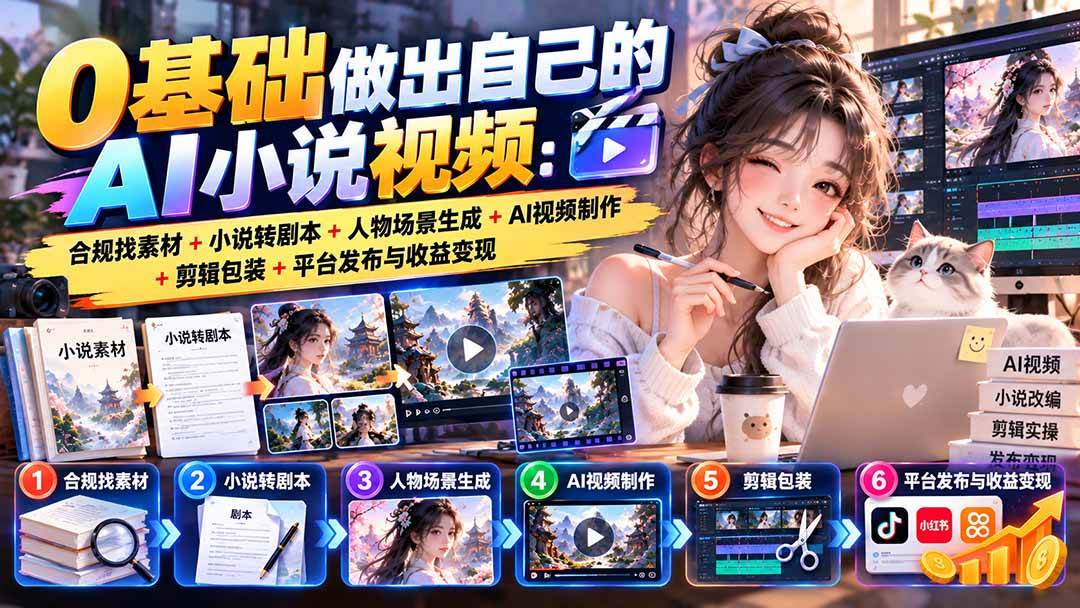 (20741期)0基础做出自己的AI小说视频:合规找素材+小说转剧本+人物场景生成+AI视频制作+剪辑包装+平台发布与收益变现 (20741期)0基础做出自己的AI小说视频:合规找素材+小说转剧本+人物场景生成+AI视频制作+剪辑包装+平台发布与收益变现