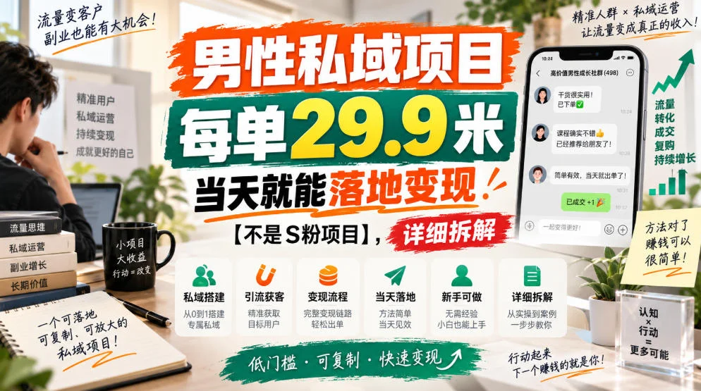 男性私域项目，每单29.9米，当天就能落地变现【不是S粉项目】，详细拆解-小栈博客
