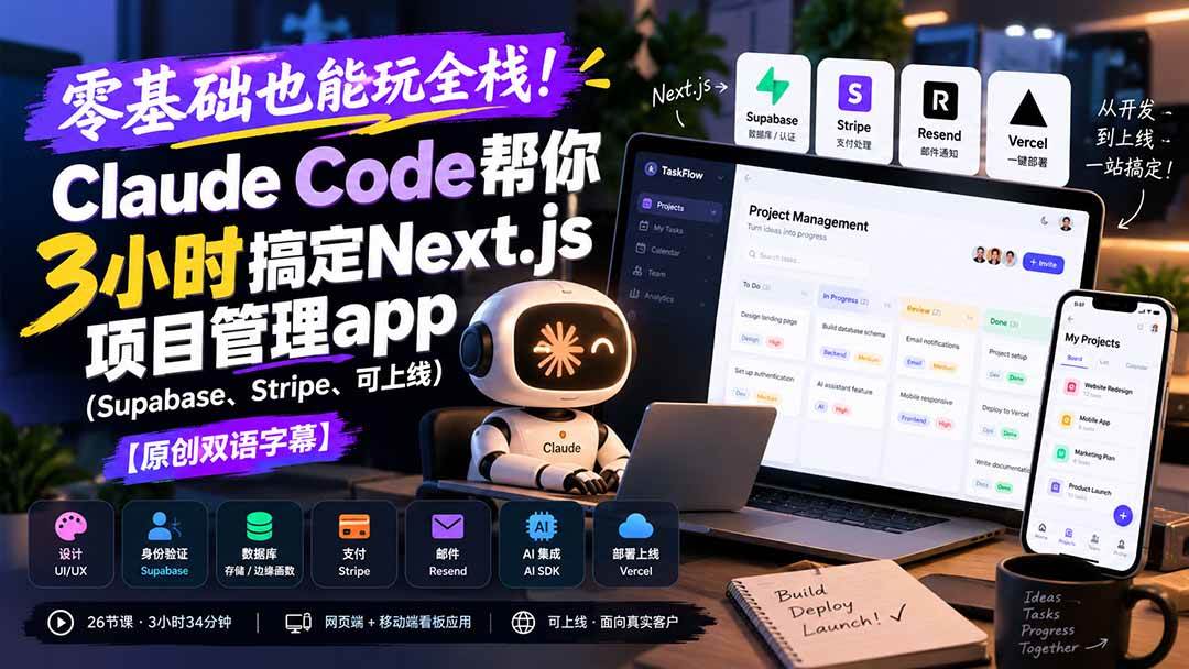 (20907期)零基础也能玩全栈!Claude Code帮你3小时搞定Next.js项目管理app(Supabase、Stripe、可上线)【原创双语字幕】-小栈博客
