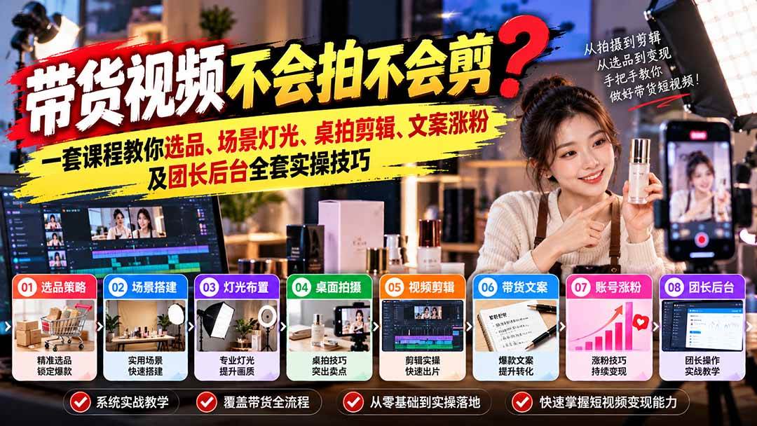 (20980期)带货视频不会拍不会剪?一套课程教你选品、场景灯光、桌拍剪辑、文案涨粉及团长后台全套实操技巧 复制标题-小栈博客