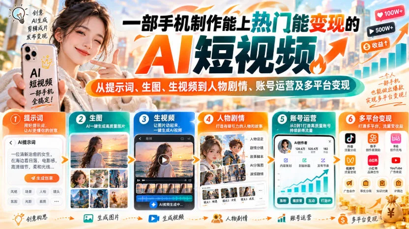 【无水印】一部手机制作能上热门能变现的AI短视频，从提示词、生图、生视频到人物剧情、账号运营及多平台变现-小栈博客