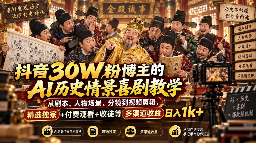 抖音30W粉博主的AI历史情景喜剧教学,从剧本、人物场景、分镜到视频剪辑,精选独家+付费观看+收徒等多渠道收益日入1k+ 抖音30W粉博主的AI历史情景喜剧教学,从剧本、人物场景、分镜到视频剪辑,精选独家+付费观看+收徒等多渠道收益日入1k+