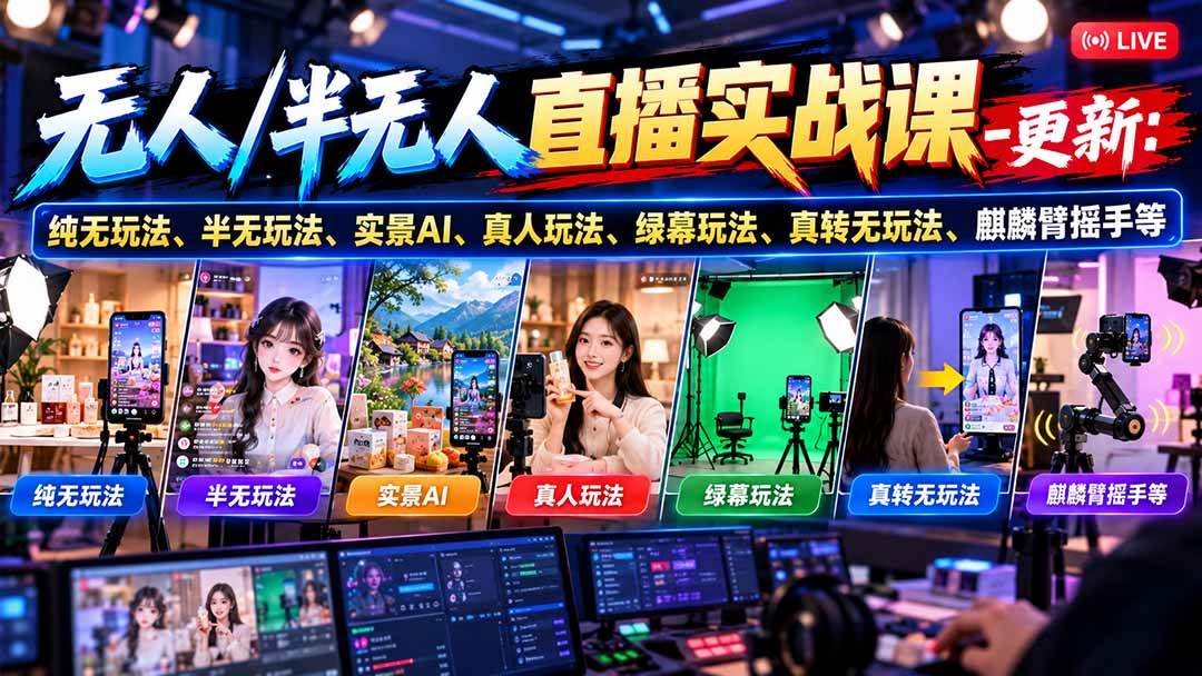 （21072期）无人/半无人直播实战课-10月20更新：纯无玩法、半无玩法、实景AI、真人玩法、绿幕玩法、真转无玩法、麒麟臂摇手等-小栈博客