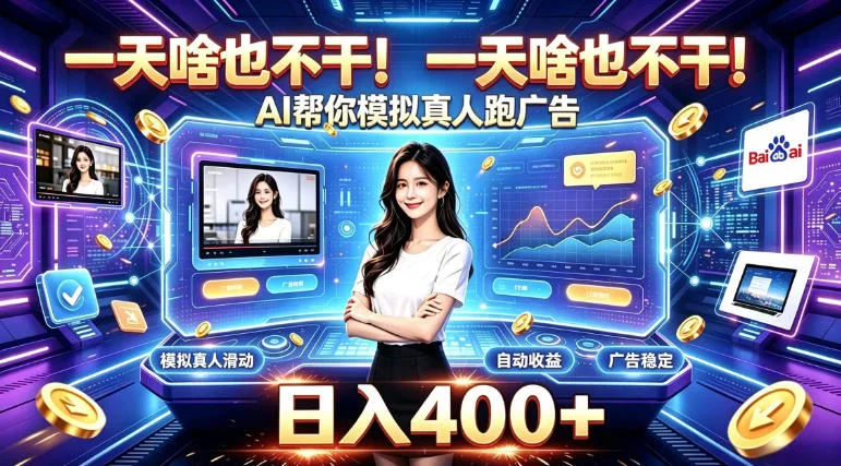 AI模拟真人跑广告稳定日入400+，全自动被动躺赚变现方案揭秘