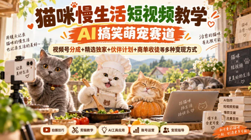 猫咪慢生活短视频教学，AI搞笑萌宠赛道，视频号分成+精选独家+伙伴计划+商单收徒等多种变现方式-小栈博客